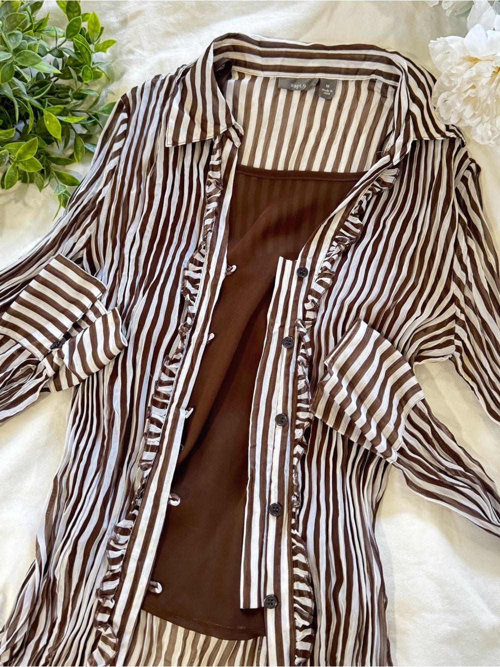 Brown & White Striped Ruffle-Trim Button Down and Cami Set Size Medium